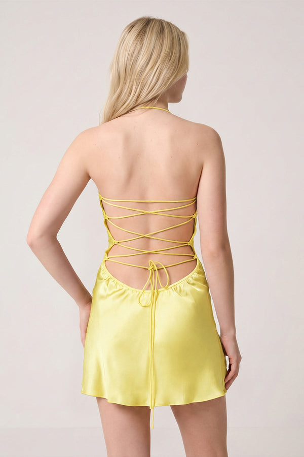Lemon Halter Satin Sheath Sequined Mini Homecoming Dress | KISSPROM
