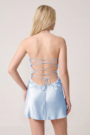 Sky Blue Halter Satin Sheath Sequined Mini Homecoming Dress (4) | KISSPROM