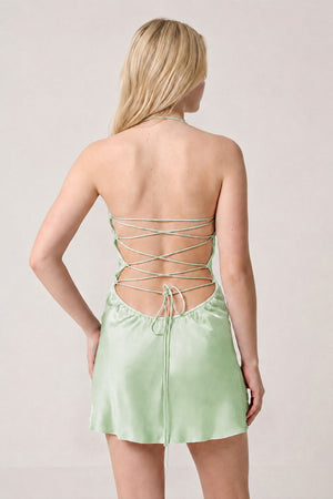 Mint Green Halter Satin Sheath Sequined Mini Homecoming Dress (4) | KISSPROM
