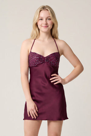Burgundy Halter Satin Sheath Sequined Mini Homecoming Dress | KISSPROM