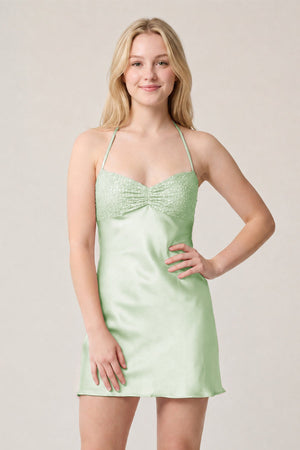 Mint Green Halter Satin Sheath Sequined Mini Homecoming Dress (3) | KISSPROM