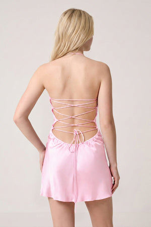Pink Halter Satin Sheath Sequined Mini Homecoming Dress | KISSPROM