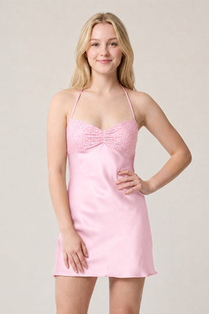 Pink Halter Satin Sheath Sequined Mini Homecoming Dress | KISSPROM