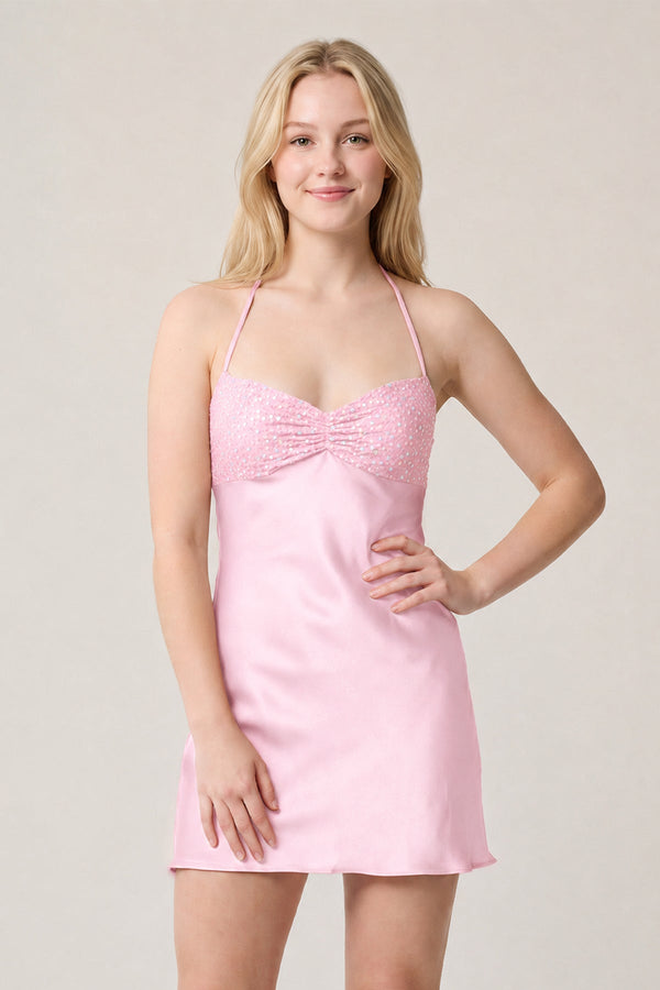 Pink Halter Satin Sheath Sequined Mini Homecoming Dress | KISSPROM