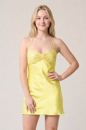 Lemon Halter Satin Sheath Sequined Mini Homecoming Dress | KISSPROM