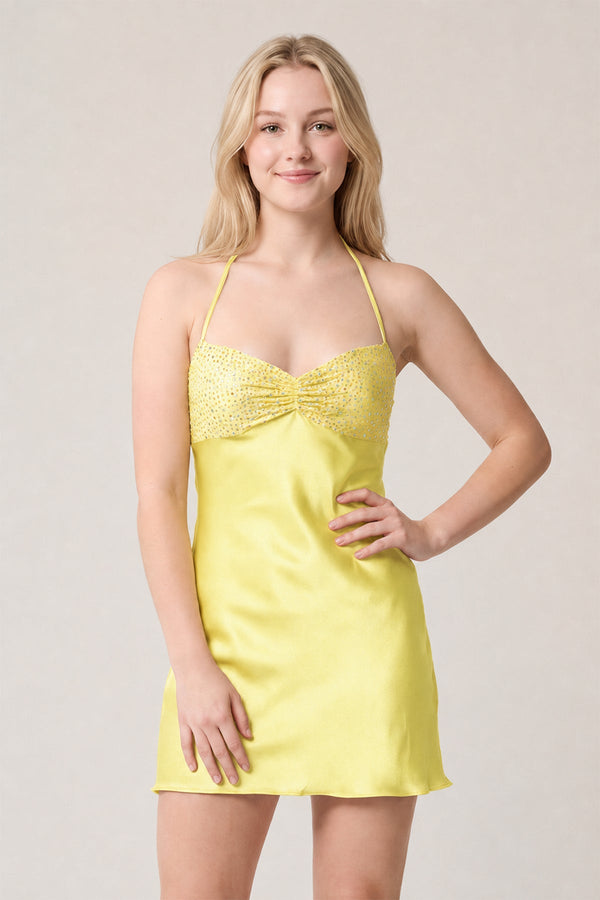 Lemon Halter Satin Sheath Sequined Mini Homecoming Dress | KISSPROM