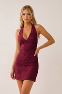 Burgundy Halter Sheath Embroidered Tulle Homecoming Dress | KISSPROM