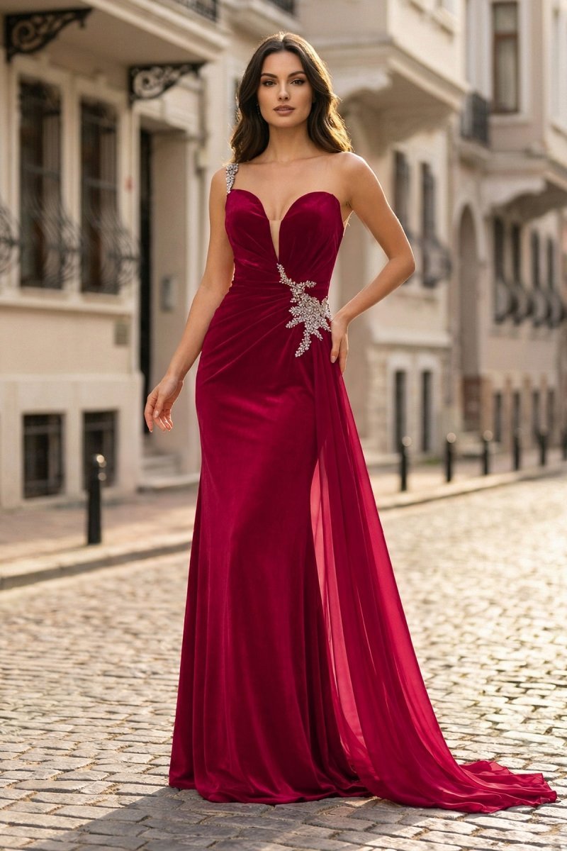 Black Rhinestone One Shoulder A Line Prom Dress with Slit