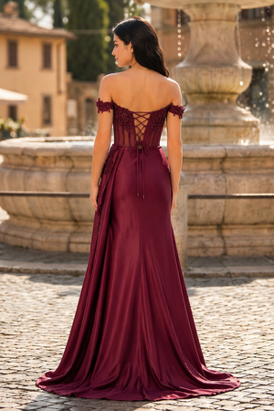 Off the Shoulder Satin Beaded Prom Dress With Appliques