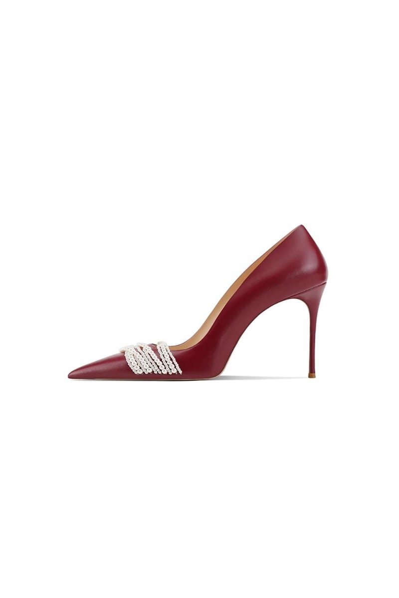 Burgundy Leather Upper Pearl Mid Heel Pumps - KissProm