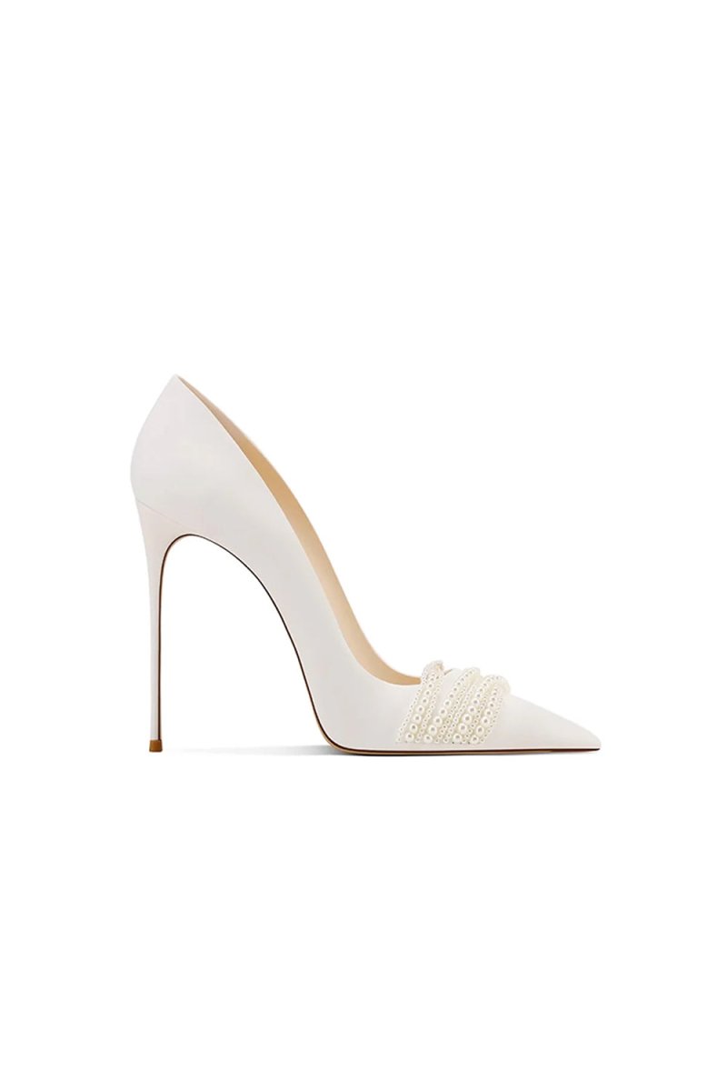 Burgundy Leather Upper Pearl Mid Heel Pumps - KissProm