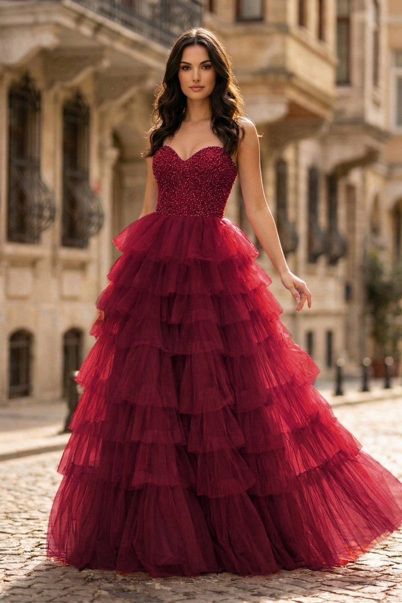 KissProm Spaghetti Straps Sweetheart Layered Tulle Formal Prom Dress with Slit, Burgundy / 16
