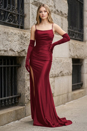 Burgundy Mermaid Satin Spaghetti Straps Long Formal Dress With High Slit | KISSPROM
