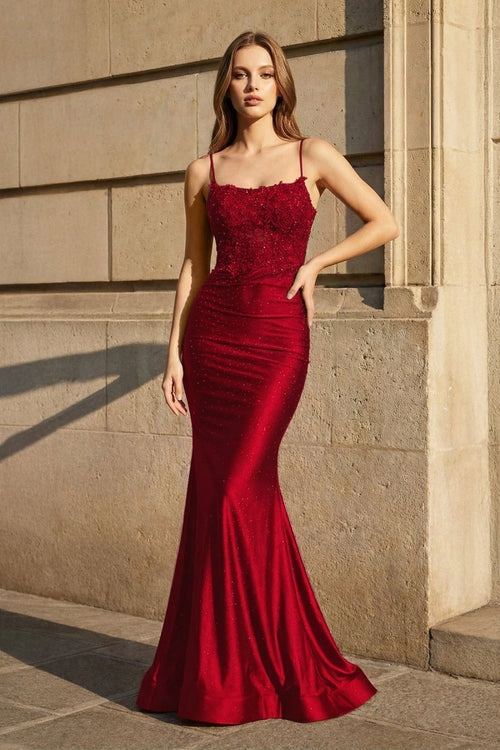 Burgundy Mermaid Spaghetti Straps Long Party Dress with Appliques | KISSPROM