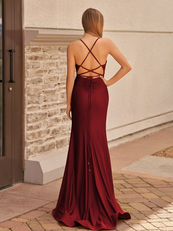 Burgundy Mermaid Spaghetti Straps Satin Long Formal Dress with Slit (2) | KISSPROM