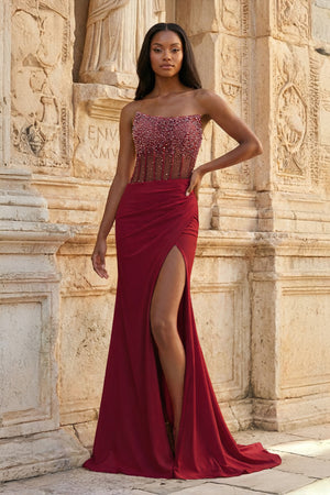 KissProm-Burgundy Mermaid Strapless Satin Beaded Long Prom Dresses With Slit