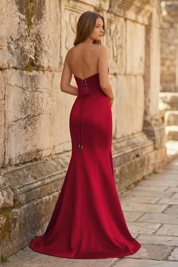 Red Mermaid Strapless Satin Long Prom Dresses With Slit - KissProm