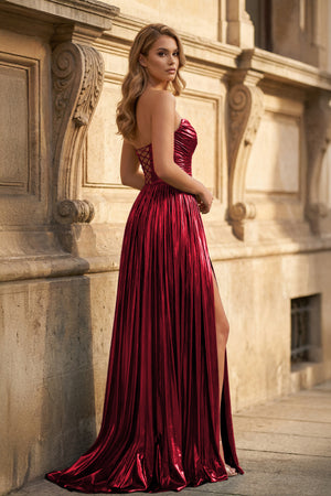 Green Metallic Sweetheart Pleated A-Line Long Prom Dresses - KISSPROM PROM DRESSES