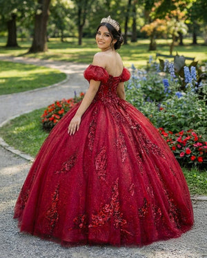 Quinceanera Dress Burgundy Off Shoulder Tulle Lace Long Prom Dresses