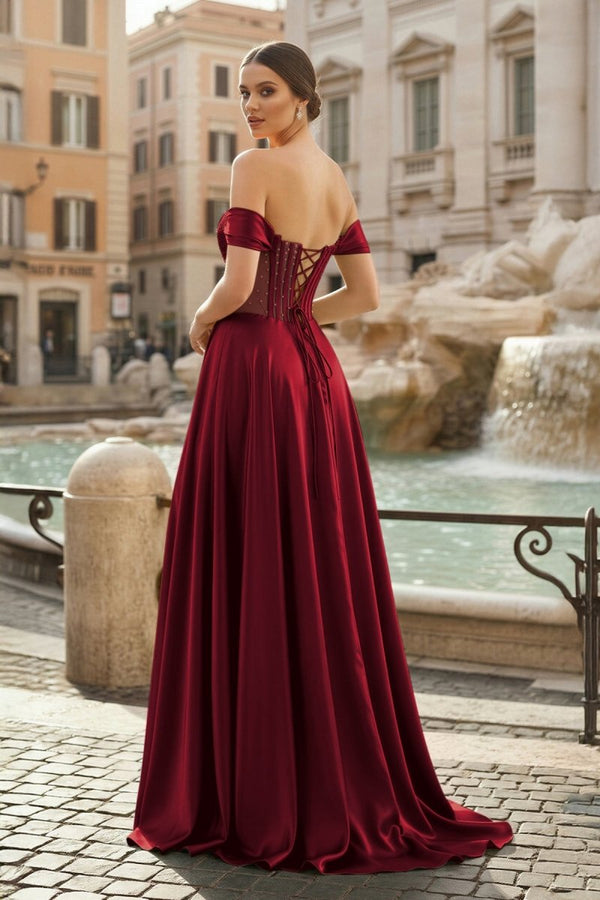 Burgundy Off The Shoulder A Line Satin Beaded Long Formal Dress With Slit (2) | KISSPROM