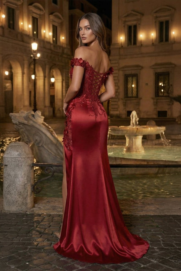 KissProm Burgundy Off The Shoulder Mermaid Beaded Satin Long Prom Dresses With Appliques, Black / 00