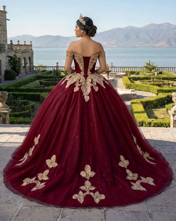 Burgundy Off the Shoulder Quinceanera Dresses with Appliques (2) | KISSPROM
