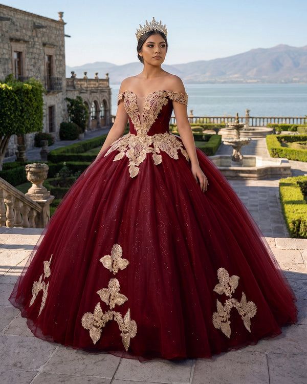 Burgundy Off the Shoulder Quinceanera Dresses with Appliques | KISSPROM