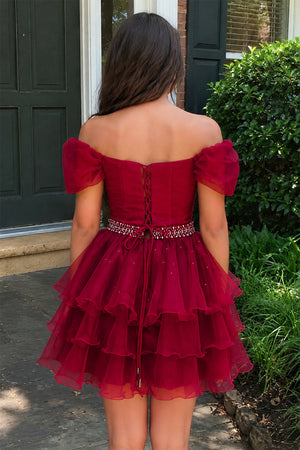Burgundy Off-the-Shoulder Ruffle Short Homecoming Dress | KISSPROM