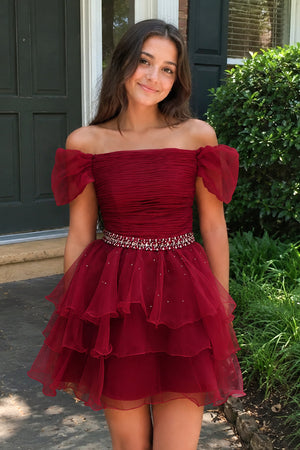 Burgundy Off-the-Shoulder Ruffle Short Homecoming Dress | KISSPROM