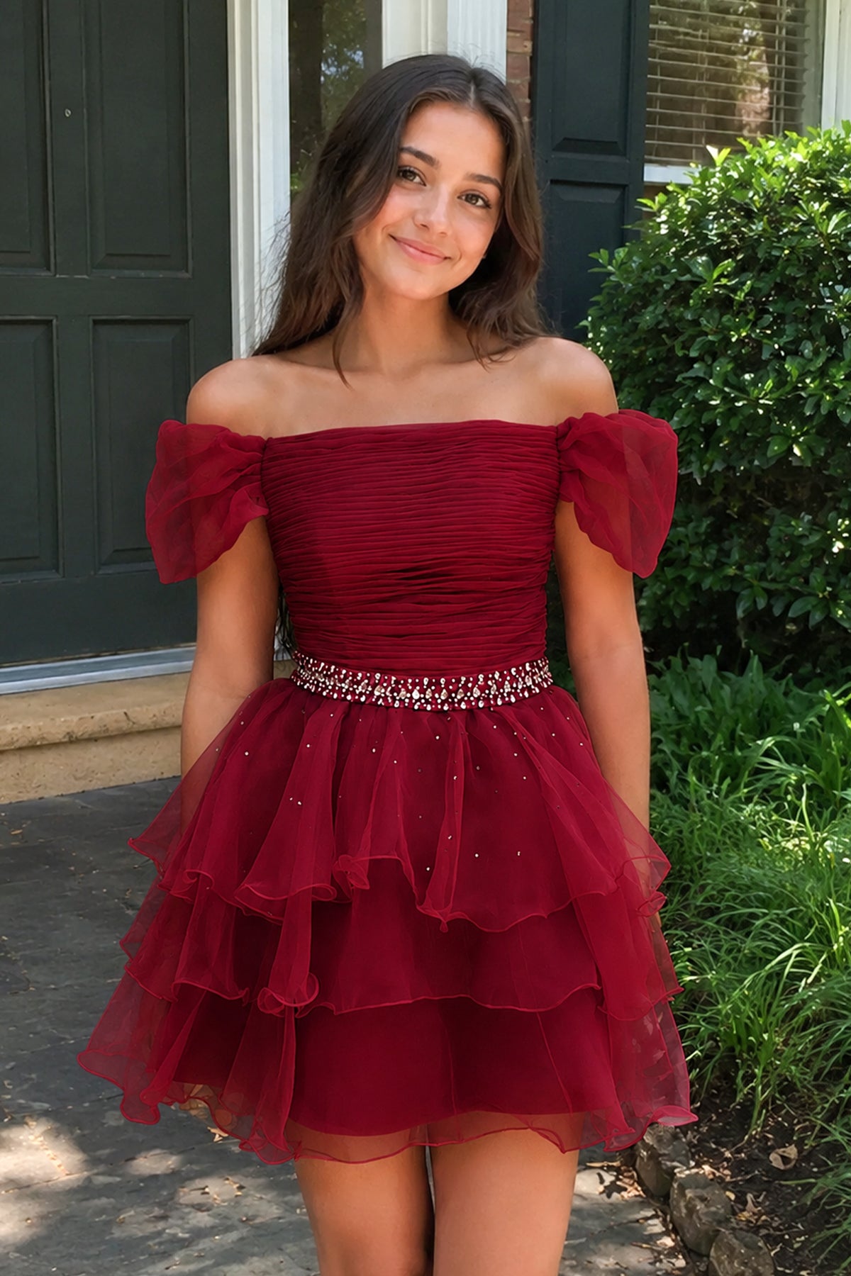 KissProm Hot Pink Off-the-Shoulder Ruffle Short Homecoming Dress, Burgundy / 14