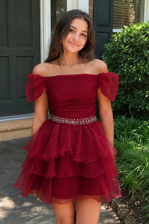 Burgundy Off-the-Shoulder Ruffle Short Homecoming Dress | KISSPROM