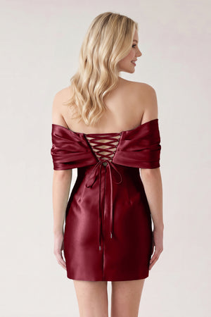 Burgundy Off The Shoulder Satin Bodycon Short Homecoming Dress With Beading (2) | KISSPROM