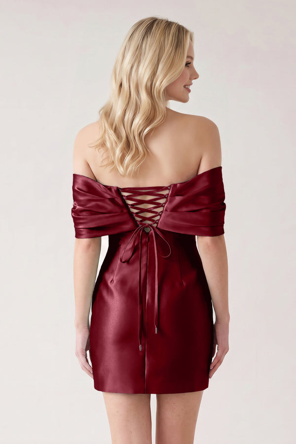 Burgundy Off The Shoulder Satin Bodycon Short Homecoming Dress With Beading (2) | KISSPROM