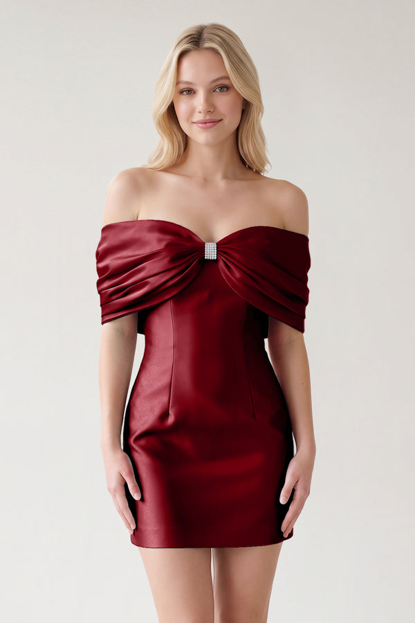 Burgundy Off The Shoulder Satin Bodycon Short Homecoming Dress With Beading | KISSPROM