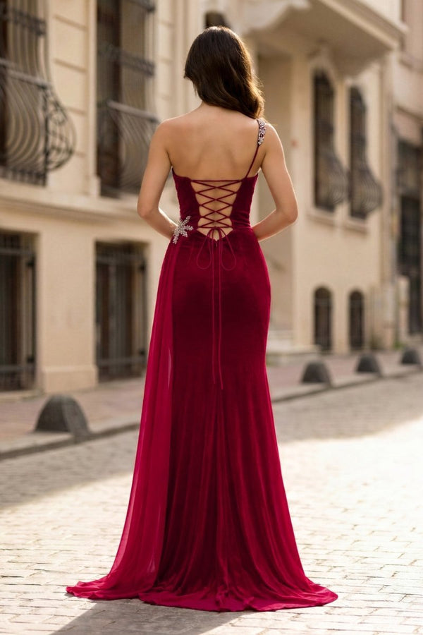 Burgundy One Shoulder Sheath Long Party Dress with Slit (2) | KISSPROM