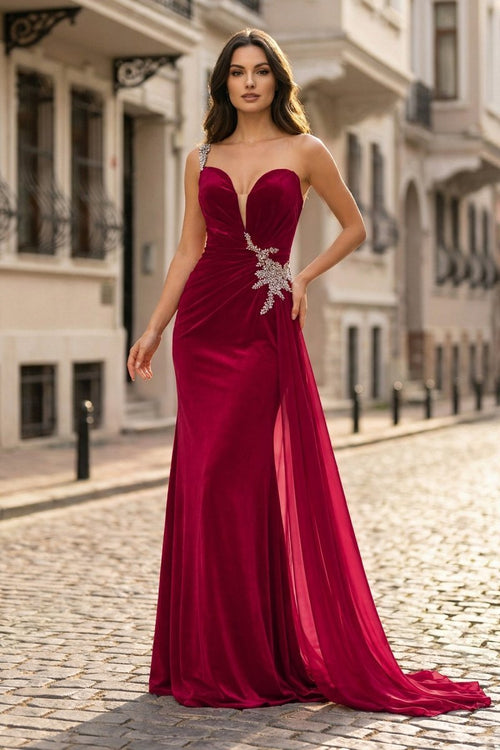 Burgundy One Shoulder Sheath Long Party Dress with Slit | KISSPROM