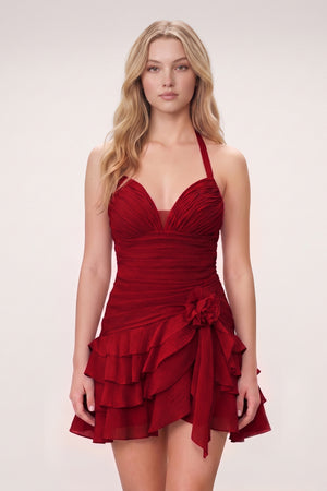 Burgundy Organza Halter A-Line Pleated Ruffled Homecoming Dress | KISSPROM