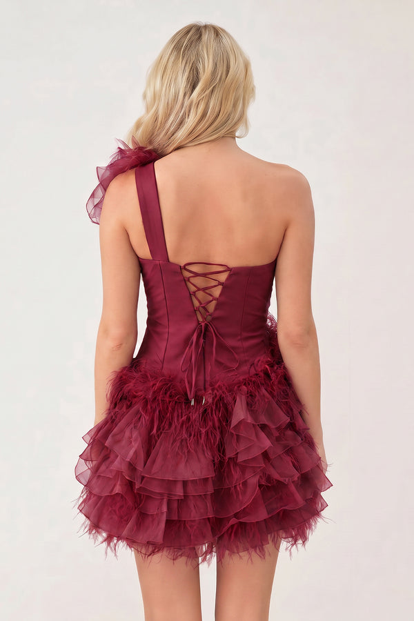 Burgundy Ruffled Tulle Shoulder Short Homecoming Dress with Feather (2) | KISSPROM