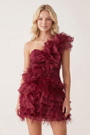 Burgundy Ruffled Tulle Shoulder Short Homecoming Dress with Feather | KISSPROM