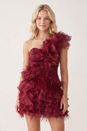 Burgundy Ruffled Tulle Shoulder Short Homecoming Dress with Feather | KISSPROM