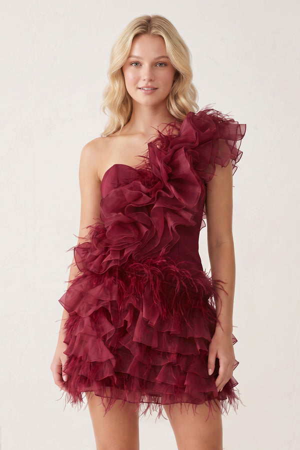 Burgundy Ruffled Tulle Shoulder Short Homecoming Dress with Feather | KISSPROM