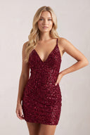 Burgundy Sequin Spaghetti Strap V Neck Backless Mini Party Dresses | KISSPROM