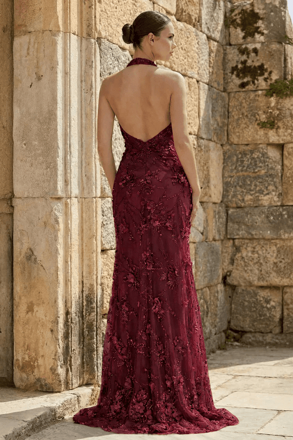 Burgundy Sheath Halter Sequined Long Party Dress With Floral Appliques (2) | KISSPROM