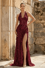 Burgundy Sheath Halter Sequined Long Party Dress With Floral Appliques | KISSPROM