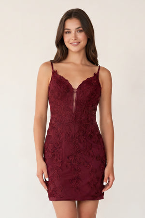 Burgundy Sheath Lace Short Homecoming Dresses | KISSPROM