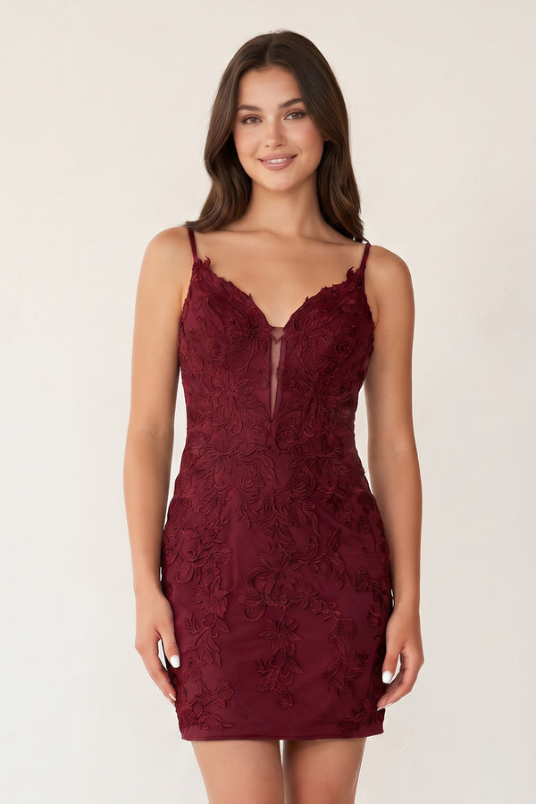 Burgundy Sheath Lace Short Homecoming Dresses | KISSPROM