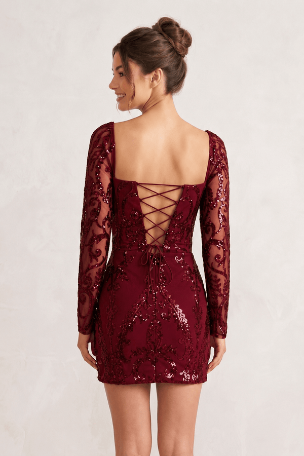 Burgundy Sheath Long Sleeves Sequins Mini Party Dress (2) | KISSPROM