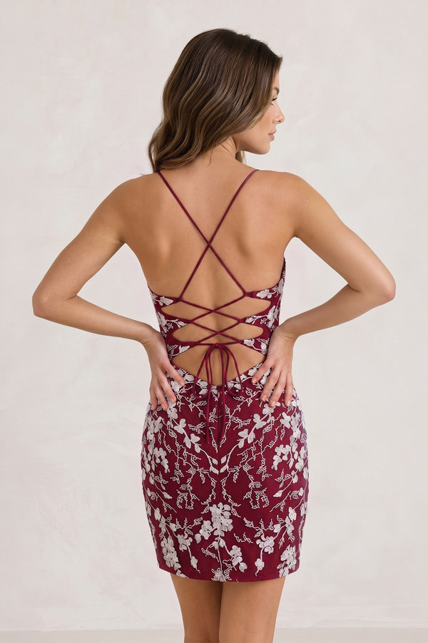 Burgundy Sheath Short Spaghetti Straps Lace Homecoming Dress (2) | KISSPROM