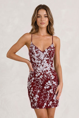 Burgundy Sheath Short Spaghetti Straps Lace Homecoming Dress | KISSPROM