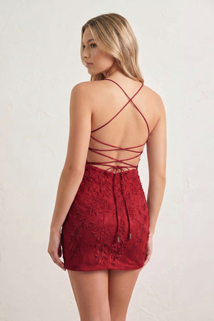 Burgundy Sheath Spaghetti Straps Lace Short Homecoming Dresses (2) | KISSPROM